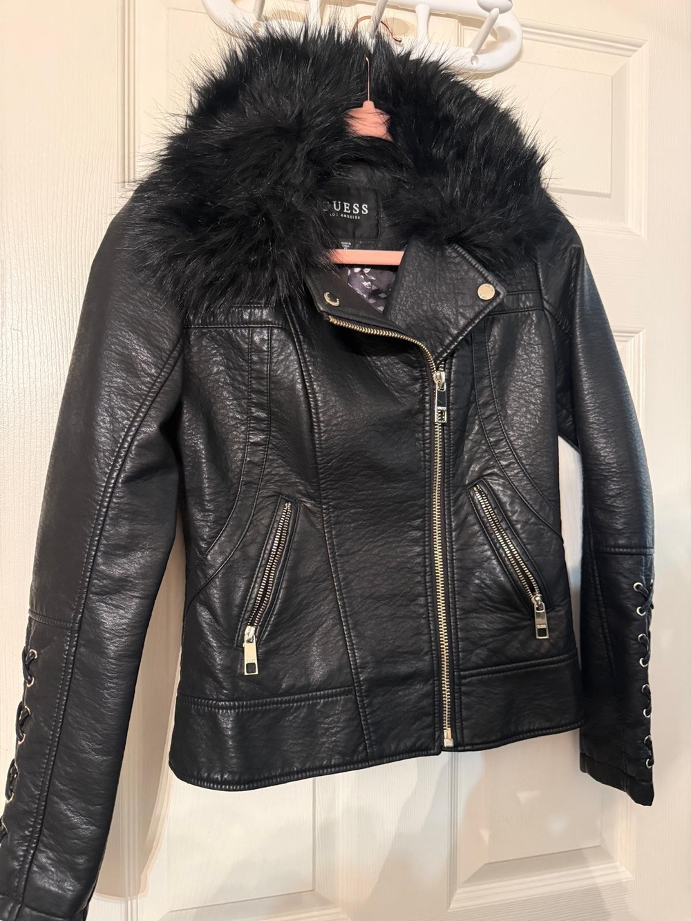 Guess Black Faux Leather Moto Jacket with Faux Fur Hood Trim